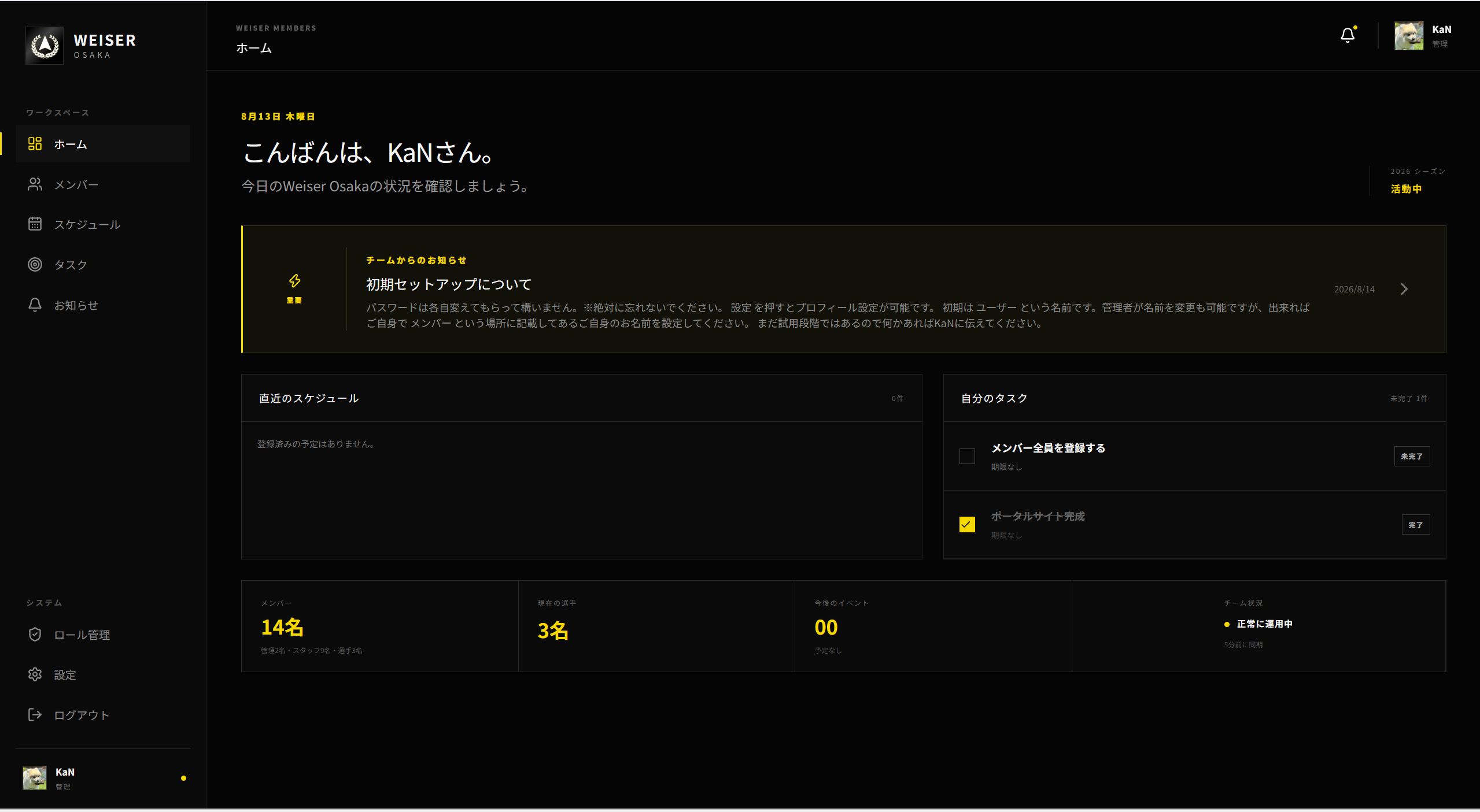 Weiser Members Portalのダッシュボード